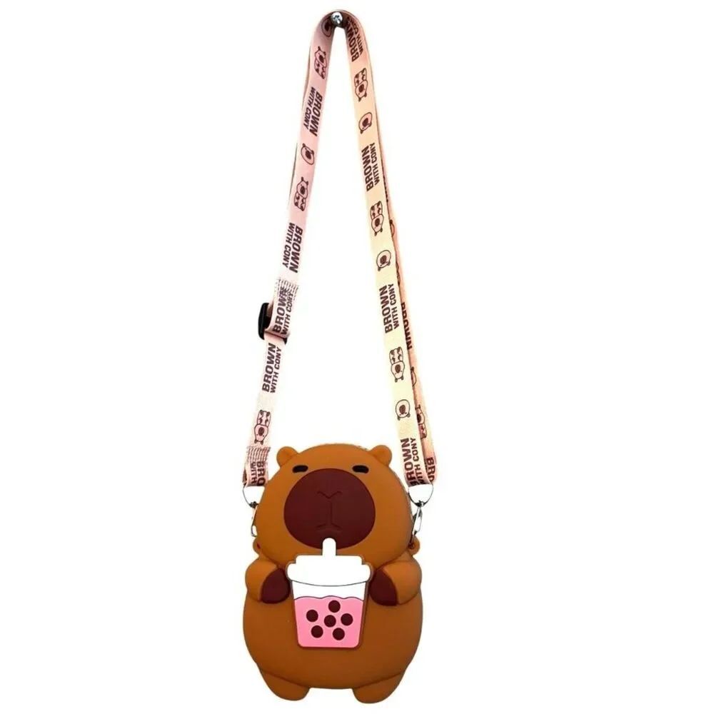 Capybara Boba Tea Rubber Mini Shoulder Crossbody Bag Purse Coin Pouch New
